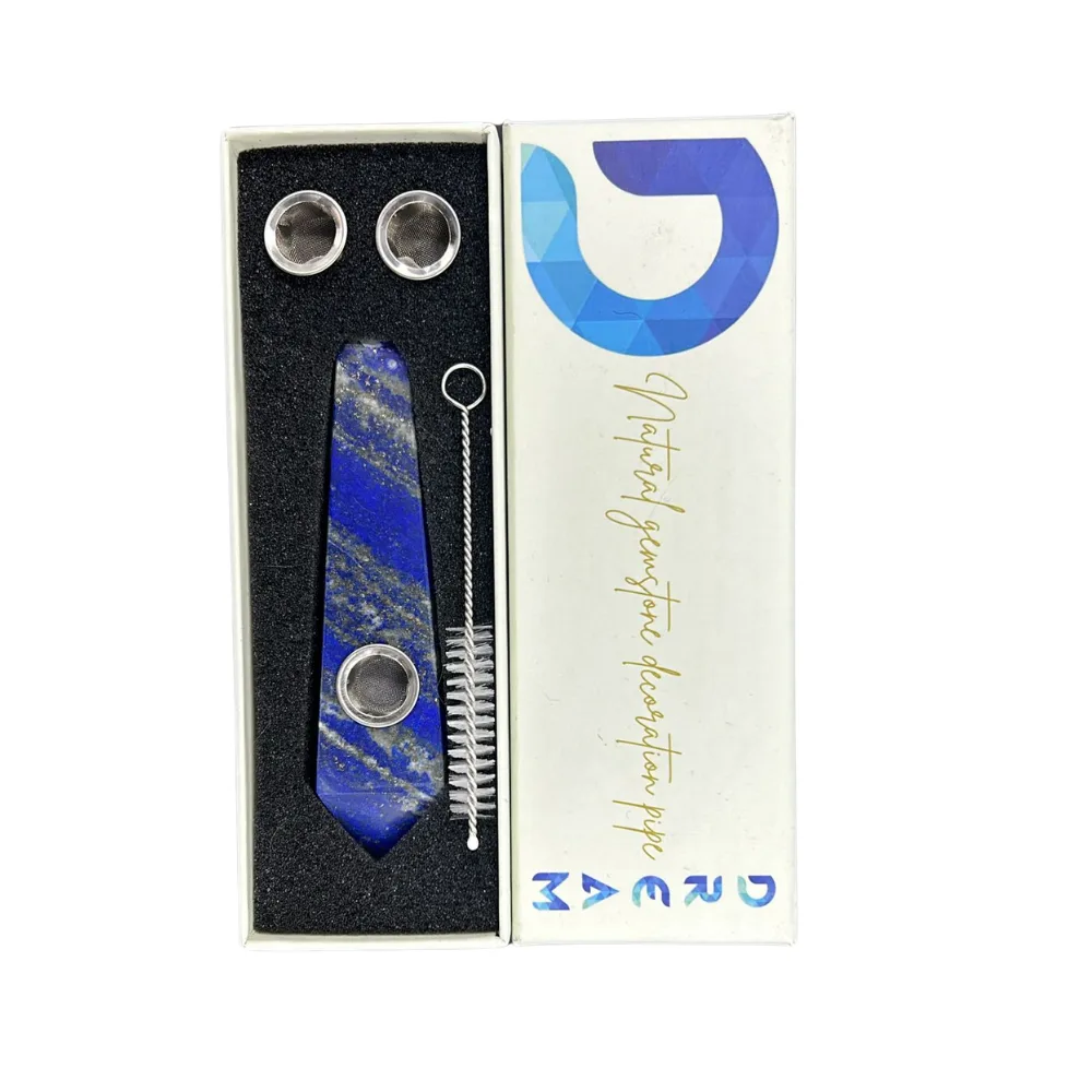 DREAM NATURAL GEMSTONE SMOKING PIPE SET WITH BRUSH, AND REPLACMENT SCREENS “LAPIS LAZULI” - Image 1
