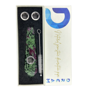 DREAM NATURAL GEMSTONE SMOKING PIPE SET WITH BRUSH, AND REPLACMENT SCREENS “RUBY IN ZOISITE”