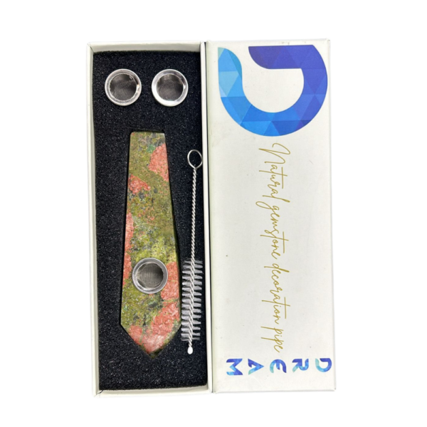 DREAM NATURAL GEMSTONE SMOKING PIPE SET WITH BRUSH, AND REPLACMENT SCREENS “UNAKITE”