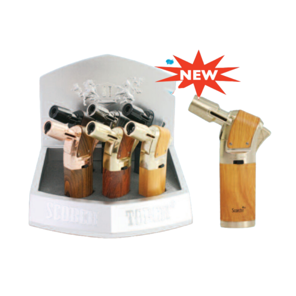 SCORCH TURBO 45 DEG TORCH CIGAR PUNCH & HOLD BUTTON 5.25 INCH ASST METAL & WOOD DESIGN - 6/DISPLAY