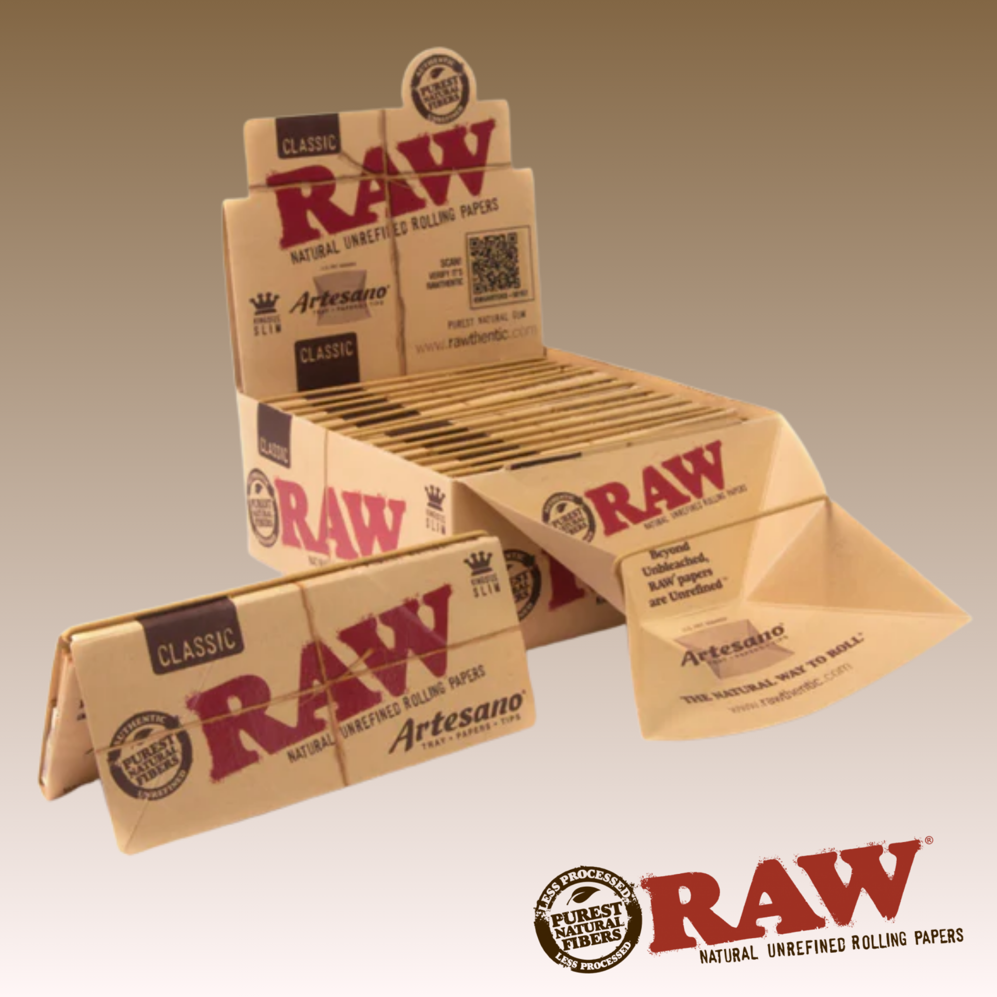 RAW CLASSIC KING SIZE ARTESANO PAPERS WITH TIPS AND BUILT IN TRAY, 15 PACKS OF 32
