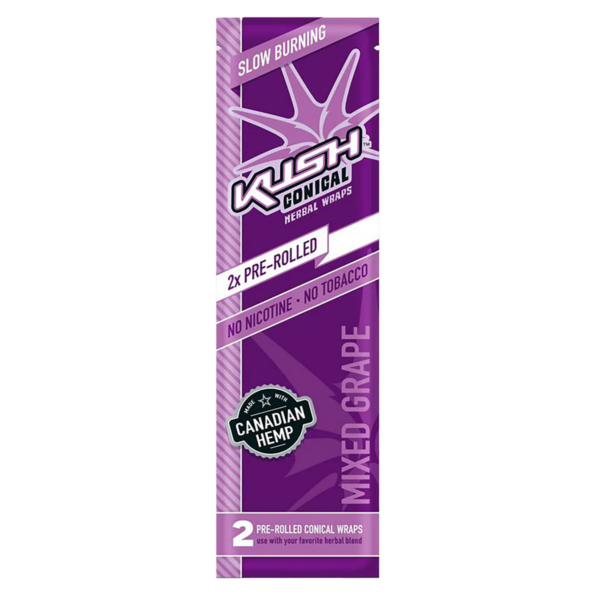 KUSH CONICAL PRE ROLLED HEMP WRAPS, MADE WITH CANADIAN HEMP, 15 PACKS OF 2 WRAPS, MIXED GRAPES