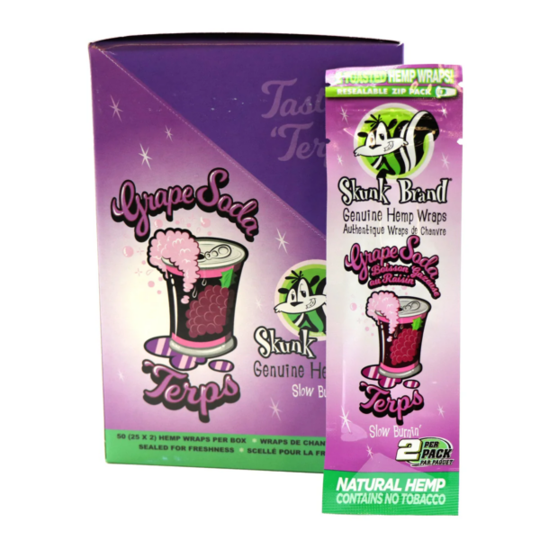 SKUNK BRAND TERPENE HEMP WRAPS, GRAPE SODA, 25 PACKS OF 2 PER BOX