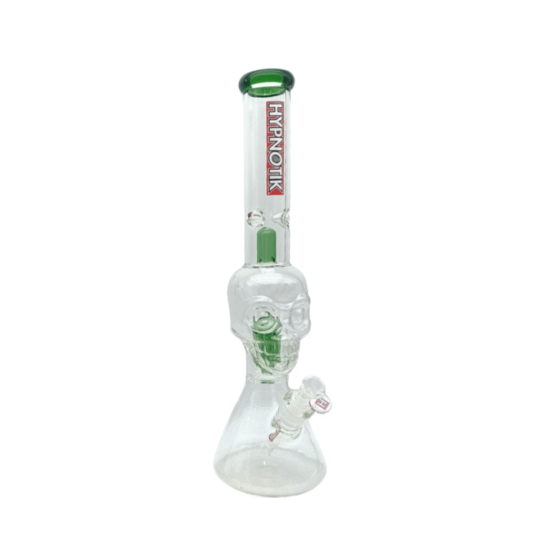 HYPNOTIK 18 INCH BEAKER BONG WITH SKULL SHAPED PERK AND SPLASH GUARD, GREEN