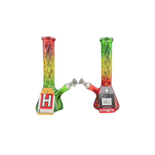 HYPNOTIK 10 INCH TWISTED RASTA RAINBOW GLASS BEAKER BONG