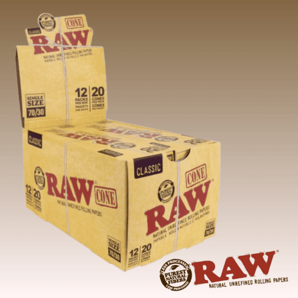 RAW CLASSIC NATURAL UNREFINED PRE-ROLLED CONES 70/45mm- PACK/20- BOX/12