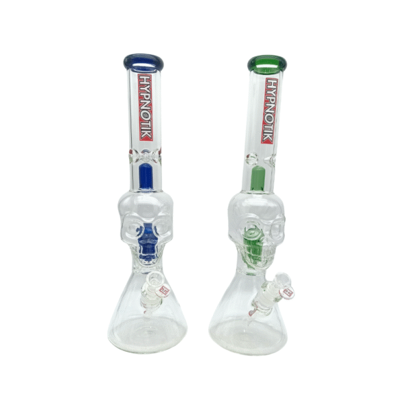 HYPNOTIK 15 INCH BEAKER BONG WITH SKULL SHAPED PERK AND SPLASH GUARD, GREEN