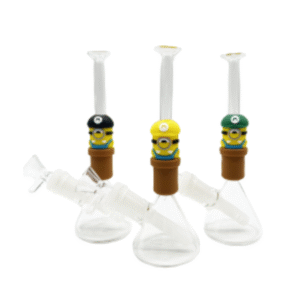 7 INCH MINI CARTOON GLASS BONG WITH SILICONE CENTER, MINION MARIO, BLACK CAP