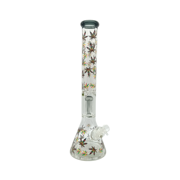 18 INCH 7 MM HEAVY BASE RAINBOW POT LEAF BONG WITH MATCHING PERK, SMOKE