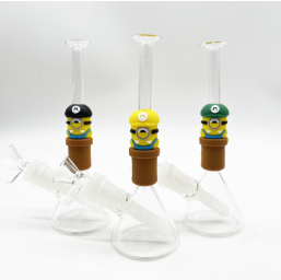 7 INCH MINI CARTOON GLASS BONG WITH SILICONE CENTER, MINION MARIO, BLACK CAP