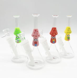 7 INCH MINI CARTOON GLASS BONG WITH SILICONE CENTER, SPOTTED MUSHROOM, YELLOW