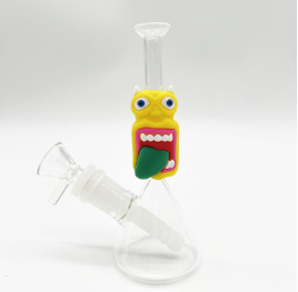 7 INCH MINI CARTOON GLASS BONG WITH SILICONE CENTER, GREEN TOUNGE MONSTER