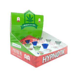 DISPLAY OF 12 COLORED GLASS BOWLS WITH FLAT PULL