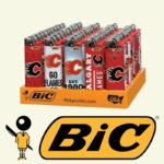 DISPLAY OF 50 BIC CALGARY FLAMES LIGHTERS