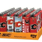 DISPLAY OF 50 BIC CALGARY FLAMES LIGHTERS