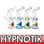 HYPNOTIK 12.5 INCH DOUBLE BARREL SPIRAL RIG WITH IN-LINE PERK. COMES WITH BOWL AND BANGER, MILK PURP
