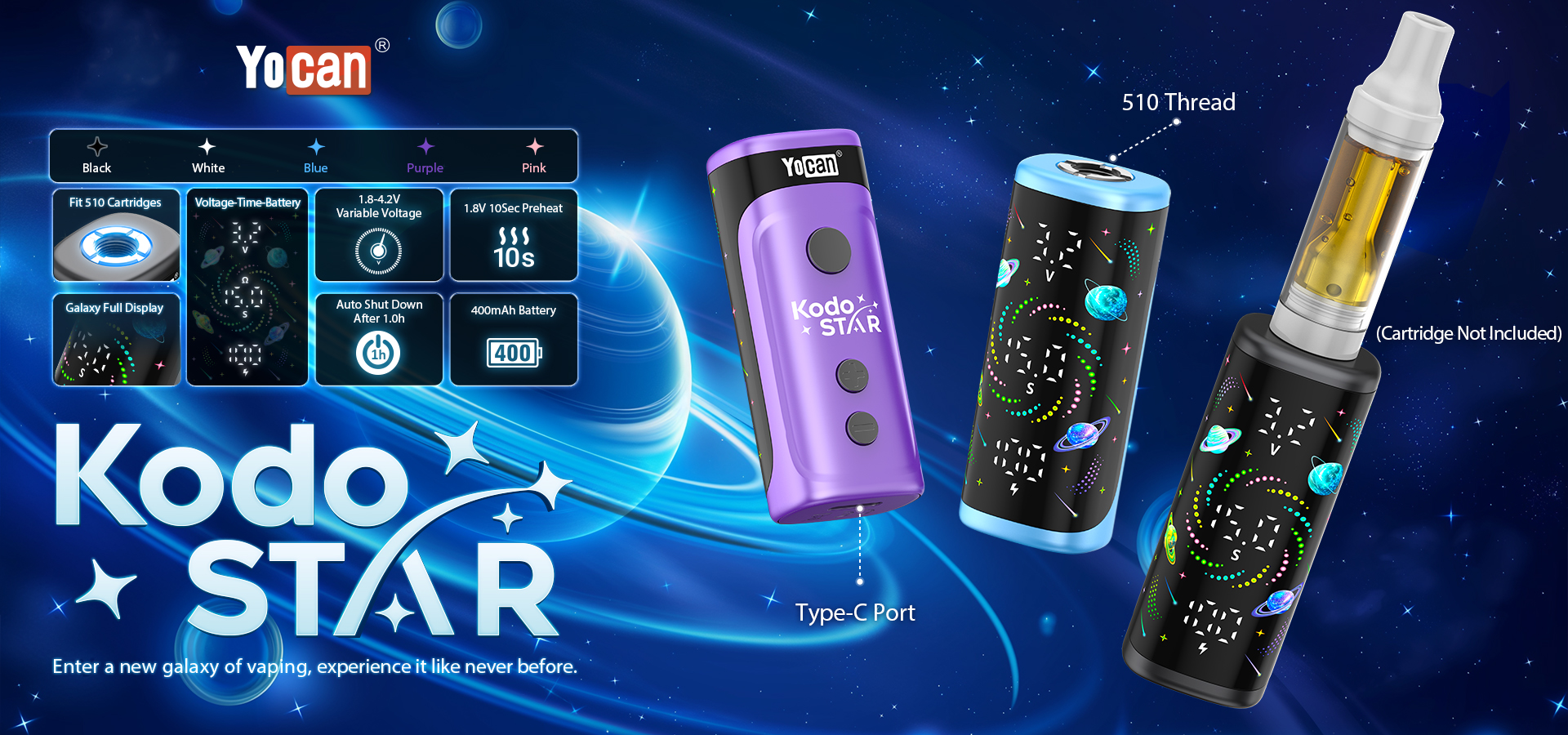 YOCAN KODO STAR 510 BATTERY WITH GALAXY FULL DISPLAY, 15 PCS PER DISPLAY – Image 4