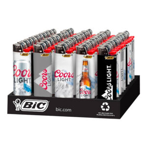 DISPLAY OF 50 BIC COORS LIGHT LIGHTERS