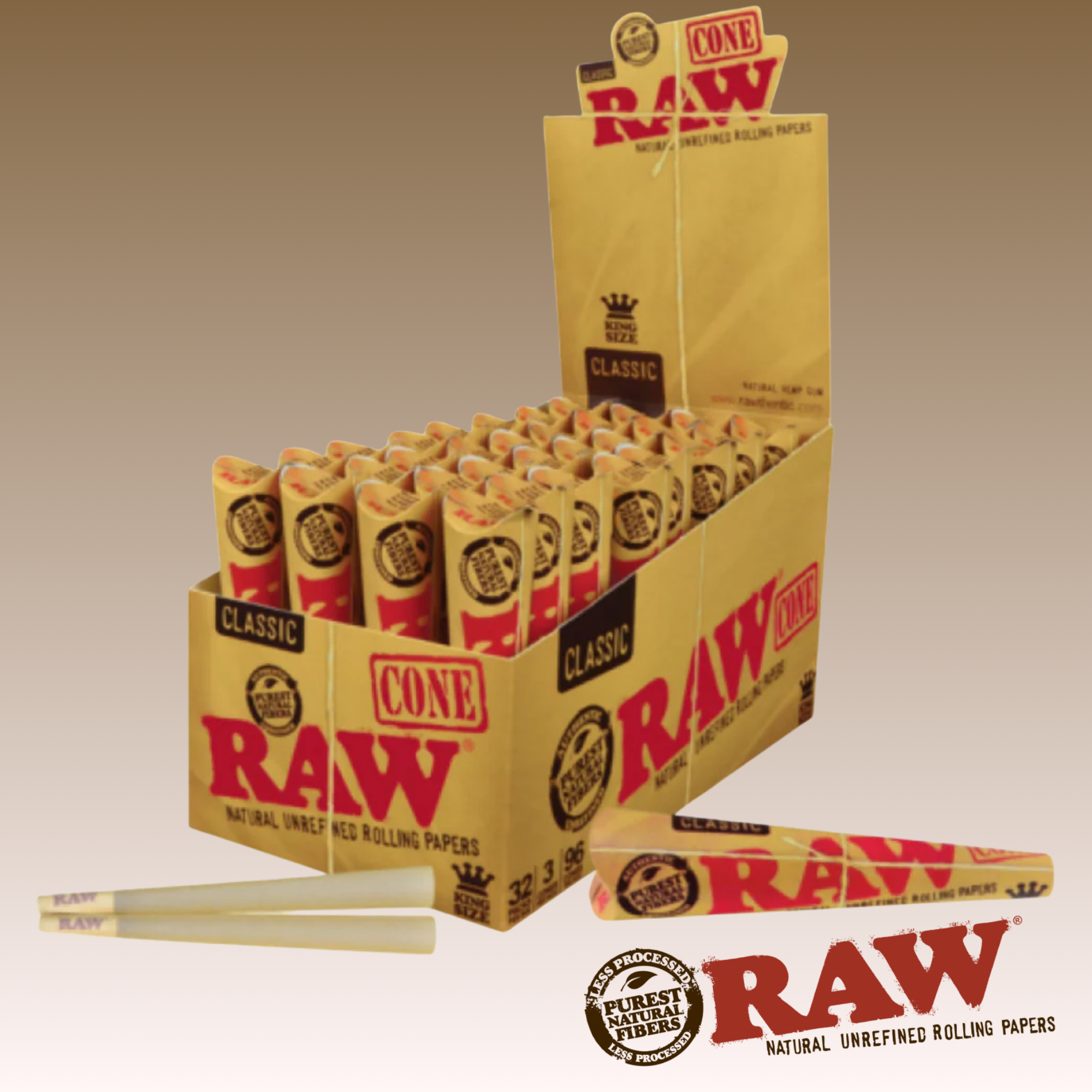 RAW CLASSIC KING SIZE CONES, 32 PACKS OF 3