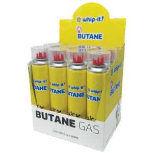 DISPLAY OF 12 WHIP-IT YELLOW EDITION, 300 ML BUTANE BOTTLES