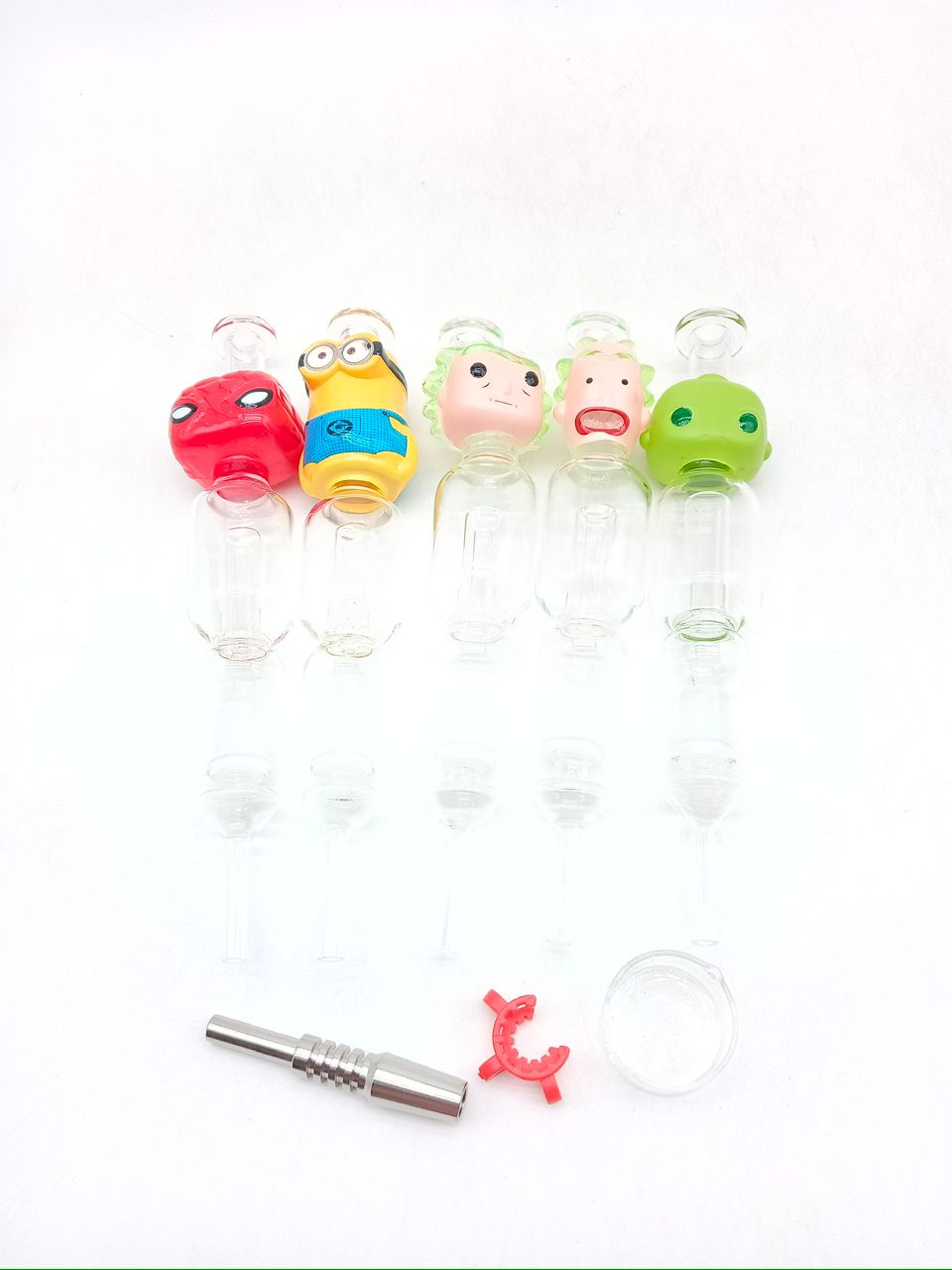 GLASS NECTOR COLLECTOR, GLASS CONTAINER, AND 2 TIPS (GLASS AND METAL), LONG FACED RICK WITH FULL GRE