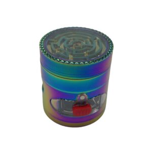 63MM 4 PART GRINDER WITH BUILT IN MAZE GAME ON TOP AND EASY ACCESS WEED DRAWER, RAINBOW