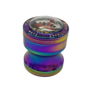 63MM 4 PART CURVED GRINDER WITH CASINO TOP AND 2 REAL DICE, RAINBOW