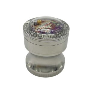 63MM 4 PART CURVED GRINDER WITH CASINO TOP AND 2 REAL DICE, SILVER