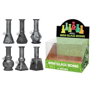 DISPLAY OF 6 MINI BONGS, 6 INCH TALL WITH 1 PIECE DOWNSTEM/BOWL COMBO, BLACK