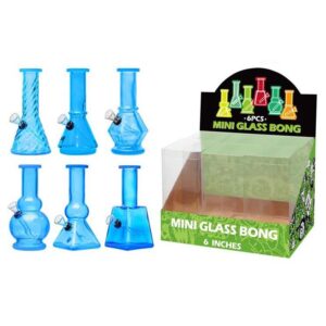 DISPLAY OF 6 MINI BONGS, 6 INCH TALL WITH 1 PIECE DOWNSTEM/BOWL COMBO, BLUE