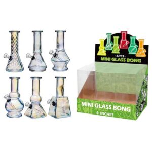 DISPLAY OF 6 MINI BONGS, 6 INCH TALL WITH 1 PIECE DOWNSTEM/BOWL COMBO, CHROME