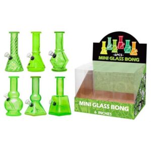 DISPLAY OF 6 MINI BONGS, 6 INCH TALL WITH 1 PIECE DOWNSTEM/BOWL COMBO, GREEN