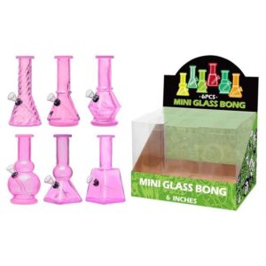 DISPLAY OF 6 MINI BONGS, 6 INCH TALL WITH 1 PIECE DOWNSTEM/BOWL COMBO, PINK