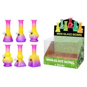 DISPLAY OF 6 MINI BONGS, 6 INCH TALL WITH 1 PIECE DOWNSTEM/BOWL COMBO, PURPLE & YELLOW