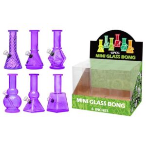 DISPLAY OF 6 MINI BONGS, 6 INCH TALL WITH 1 PIECE DOWNSTEM/BOWL COMBO, PURPLE