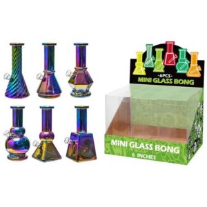 DISPLAY OF 6 MINI BONGS, 6 INCH TALL WITH 1 PIECE DOWNSTEM/BOWL COMBO, RAINBOW