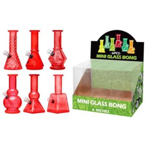DISPLAY OF 6 MINI BONGS, 6 INCH TALL WITH 1 PIECE DOWNSTEM/BOWL COMBO, RED