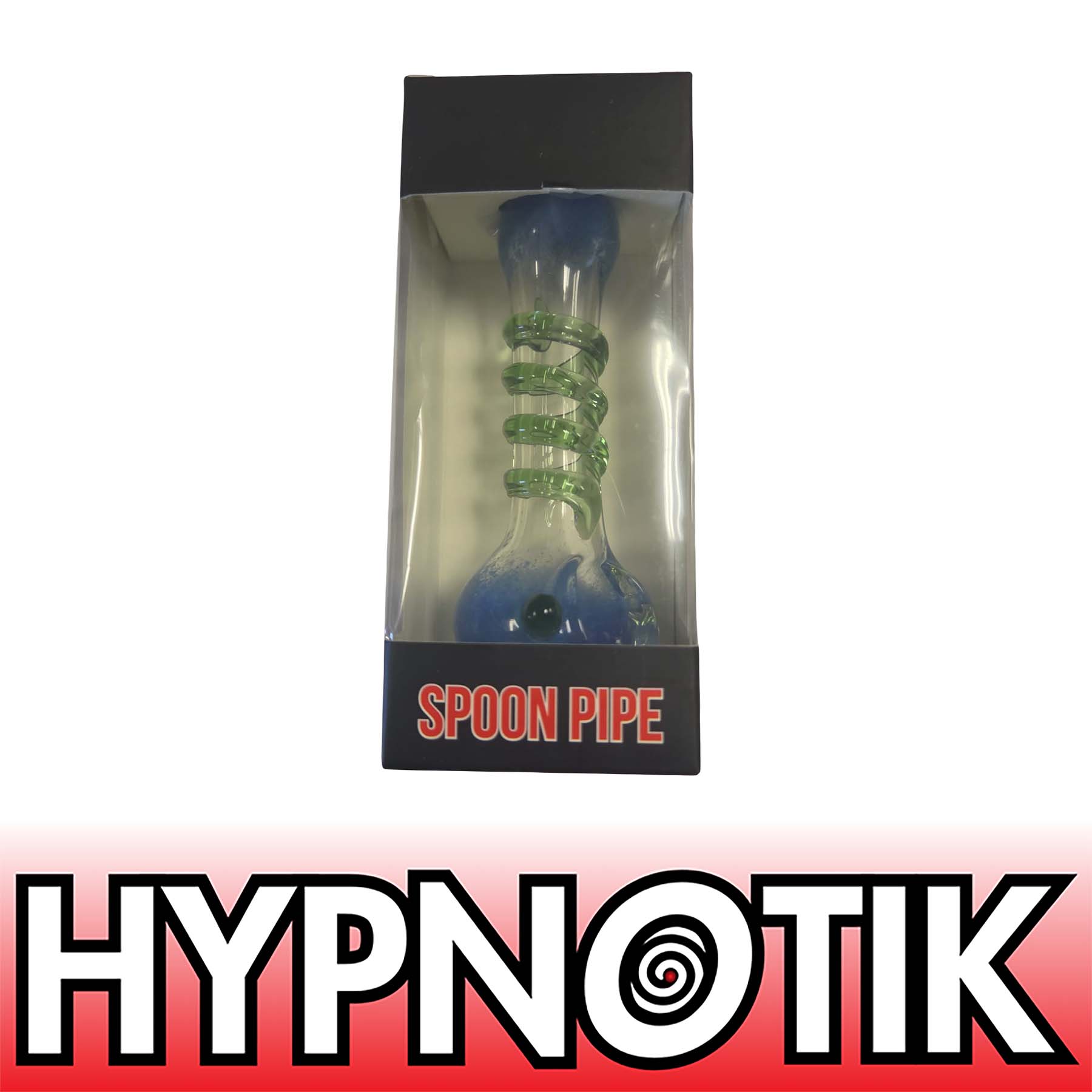 BG HYPNOTIK 5.5 INCH GLASS SPOON PIPE, BLUE WITH GREEN OUTSIDE SPIRAL - Image 1