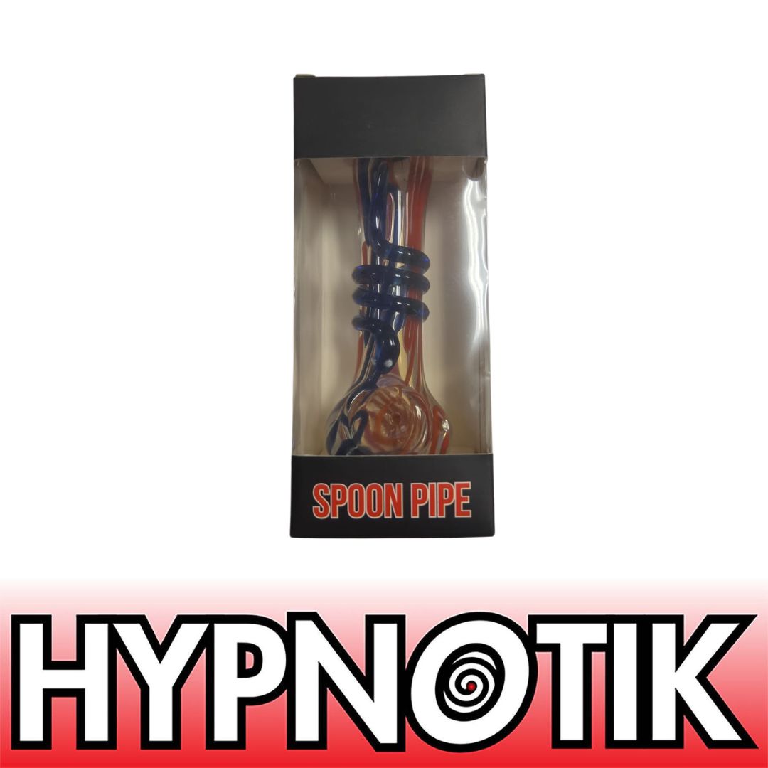 blue HYPNOTIK 5.5 INCH GLASS SPOON PIPE WITH BLUE OUTSIDE SNAKE SPIRAL - Image 1
