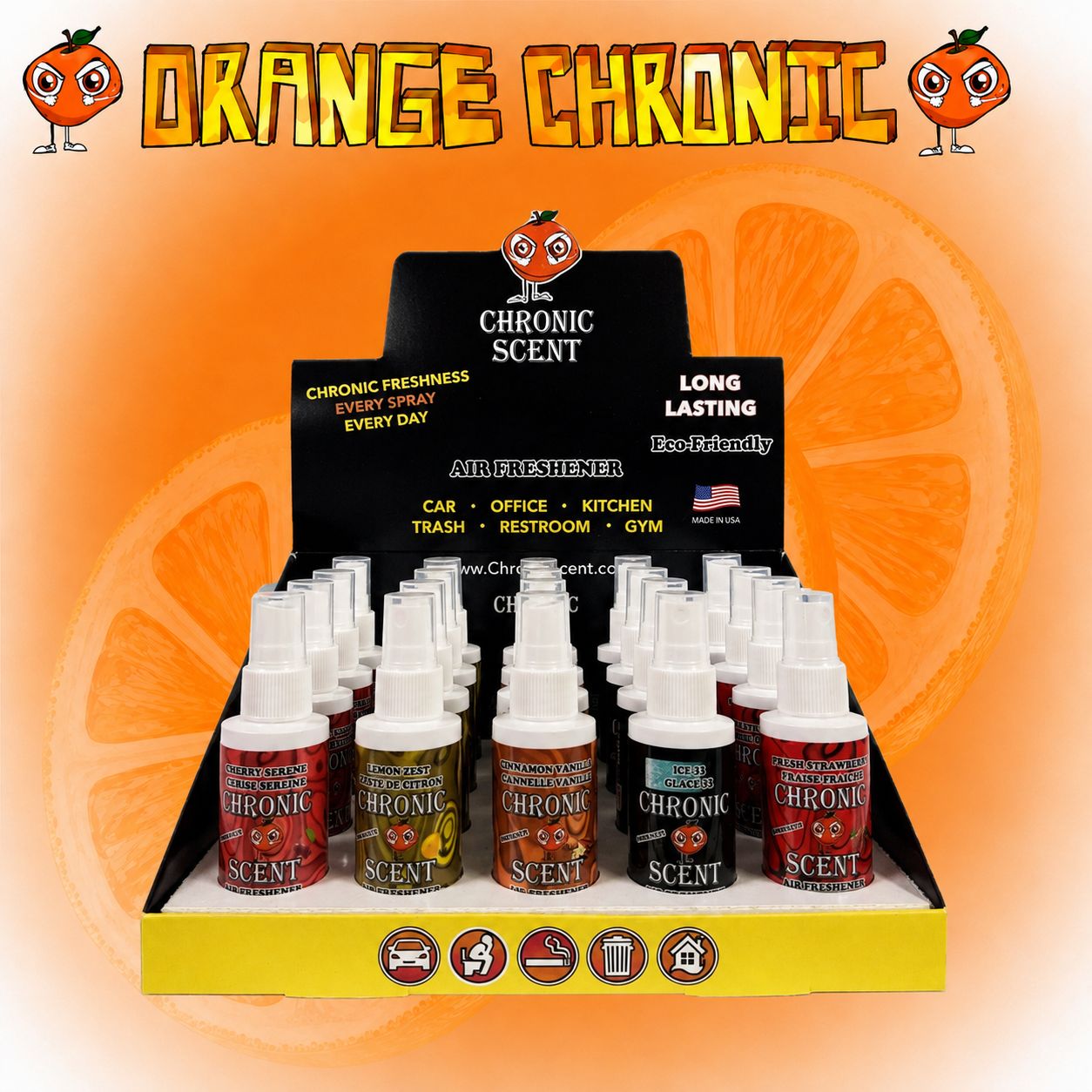 DISPLAY OF 20 ORANGE CHRONIC 2 OZ SPRAY BOTTLES
